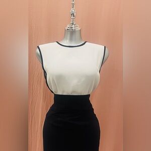 Two-Tone Sleeveless Shell Top in White with Black Trim